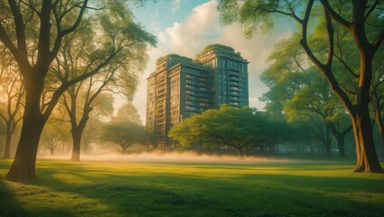 Residential building situated in the public green park at sunrise.
