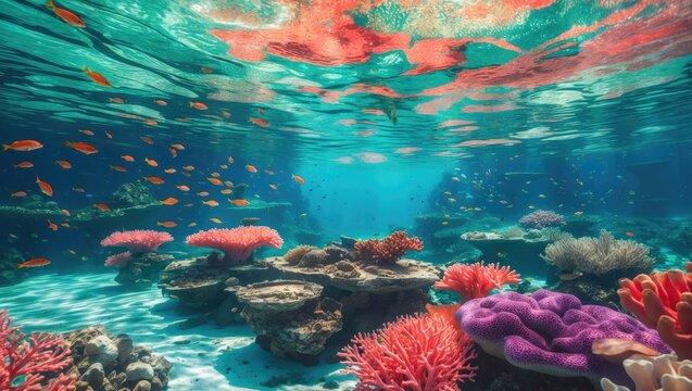 Scenery of the ocean featuring an underwater perspective, coral reef, and fauna.