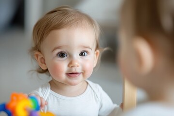 Fototapeta premium A playful baby smiles at their own reflection in the mirror, showcasing self-recognition and the joy of discovery that characterizes early childhood development stages.