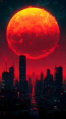 Pixelated Red Moon Over Dark City