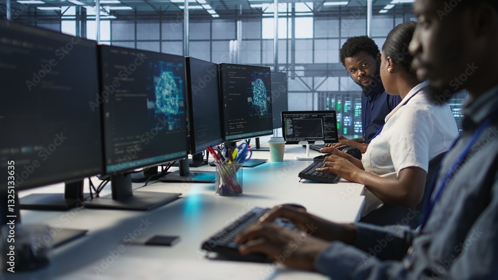 Poster it specialists in data center doing brainstorming, maintaining company network infrastructure. team 
