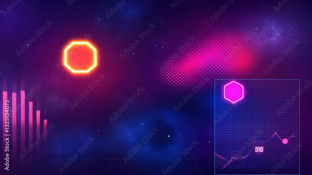 Poster vibrant neon geometric shapes pulsating on dark abstract background