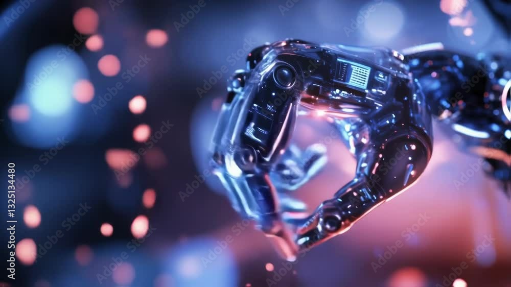 Poster transparent robotic hand with internal mechanisms and glowing lights reaching out against a backdrop