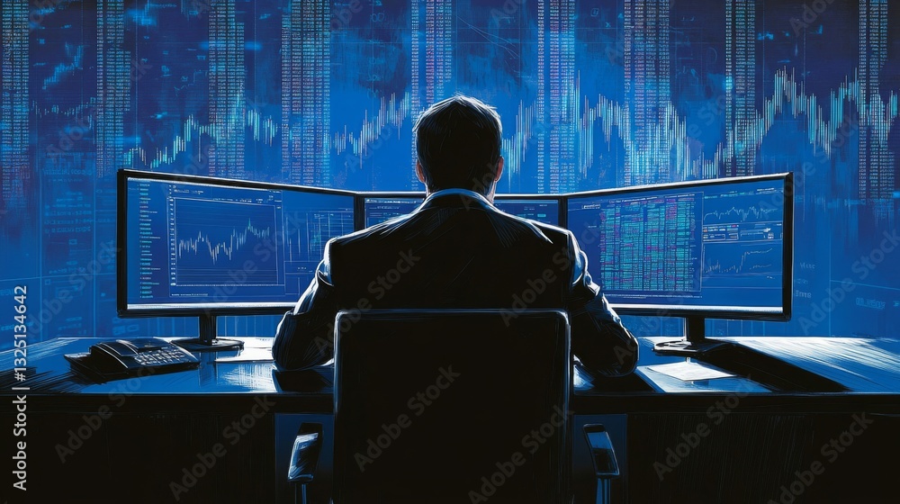 Aufkleber businessman working late at night analyzing data on multiple computer screens