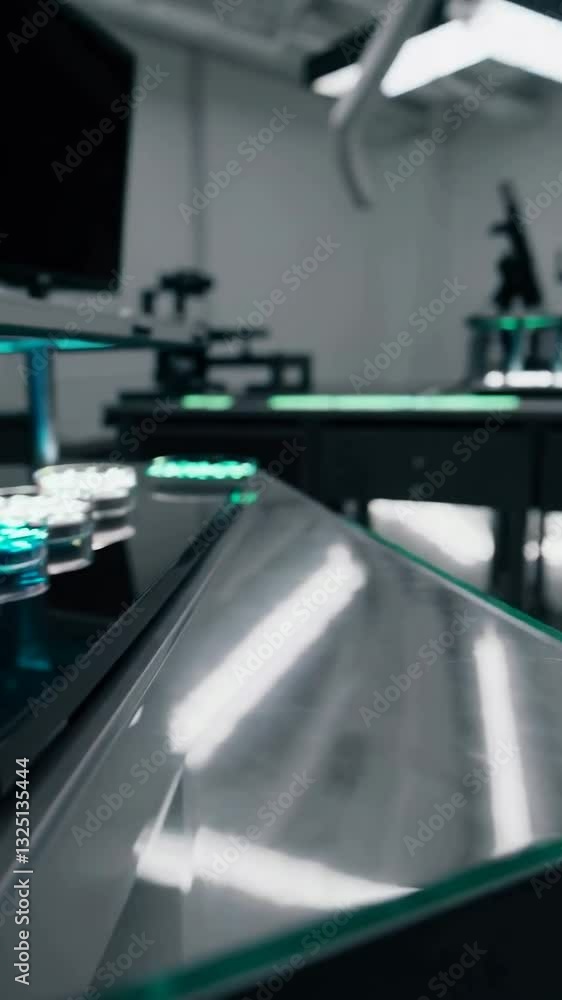 Poster advanced robotics laboratory: closeup of robotic arm and futuristic lab equipment