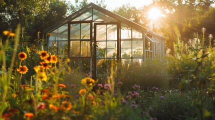 Fototapeta premium A cozy greenhouse in a peaceful rural garden, glowing in golden light.