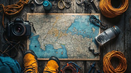 Hiking Gear and Map Flat Lay, A flat lay of hiking gear including boots, a map, camera, rope, and carabiners
