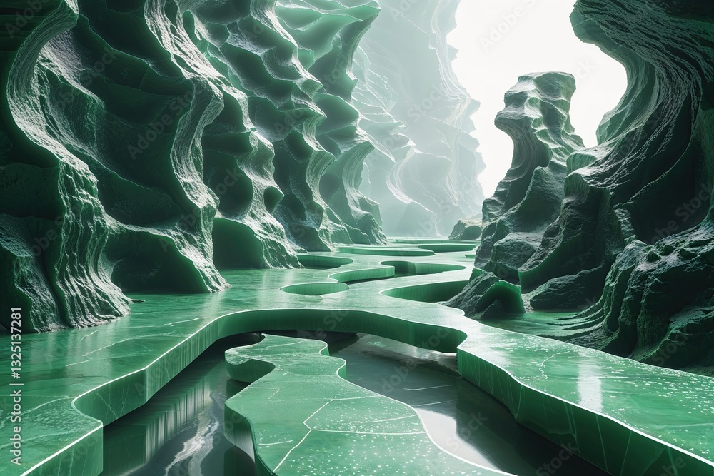 Poster infinite jade pathways in 3d abstract animation with futuristic geometric designs