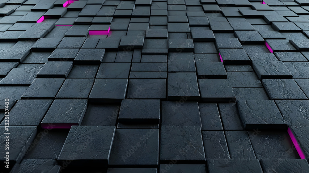 Poster abstract 3d cubes with textured gray surfaces and illuminated pink accents creating a modern geometr