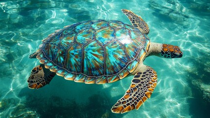 Obraz premium Vibrant Sea Turtle Swimming in Turquoise Water