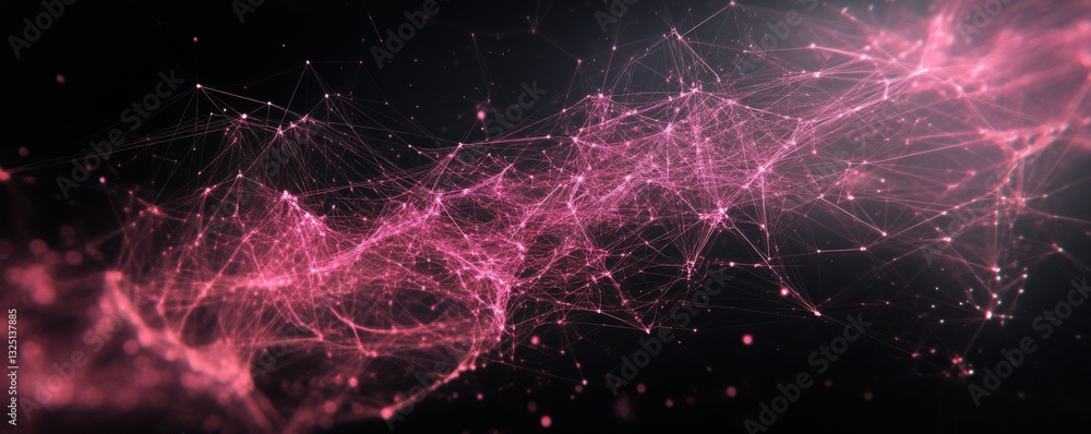 Poster a digital network of pink lines and dots connecting cities and continents across the globe, seen fro