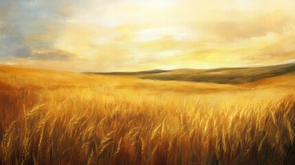 Obraz premium A beautiful sunlit wheat field under a partly cloudy sky