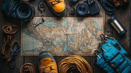 Hiking Gear and Map Flat Lay, A flat lay of hiking gear including boots, a map, camera, rope, and carabiners