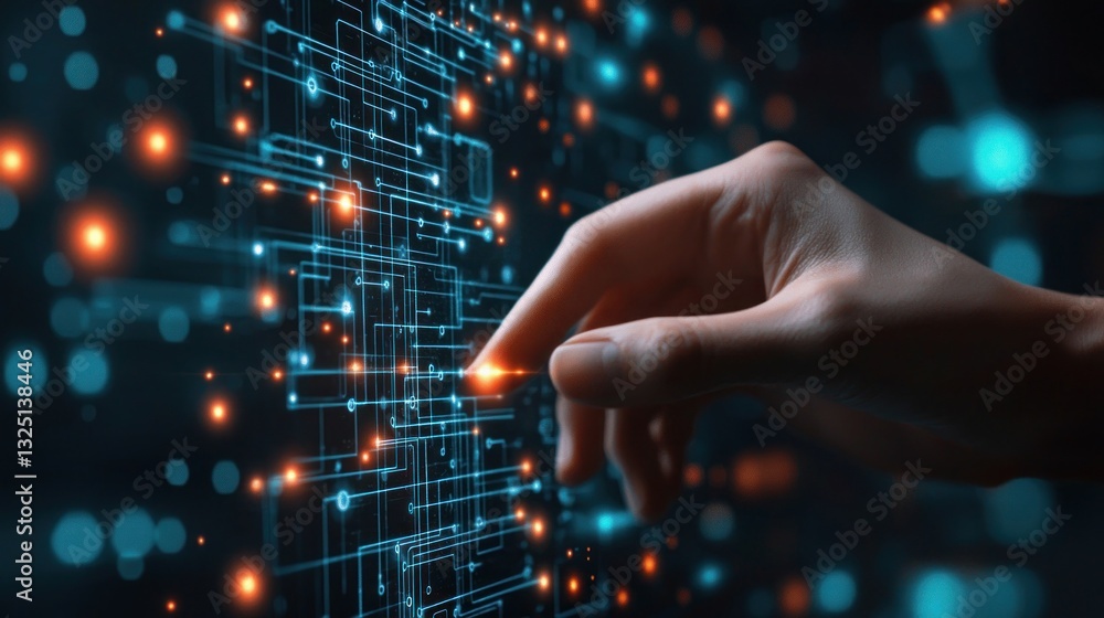 Poster hand interacting with digital interface and data visualization
