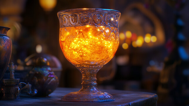 Close-up of a goblet filled with glowing ambrosia, the drink of the gods.