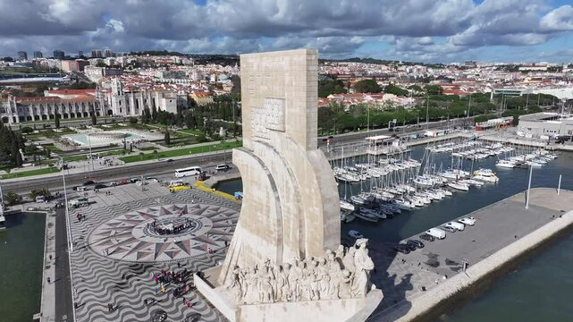 Discoveries Monument At Lisbon In District Of Lisbon Portugal. Iconic Monument. Tourism Landmark. Discoveries Monument At Lisbon In Portugal. Discovery Symbol. Tejo River Landscape. Lisbon Skyline.
