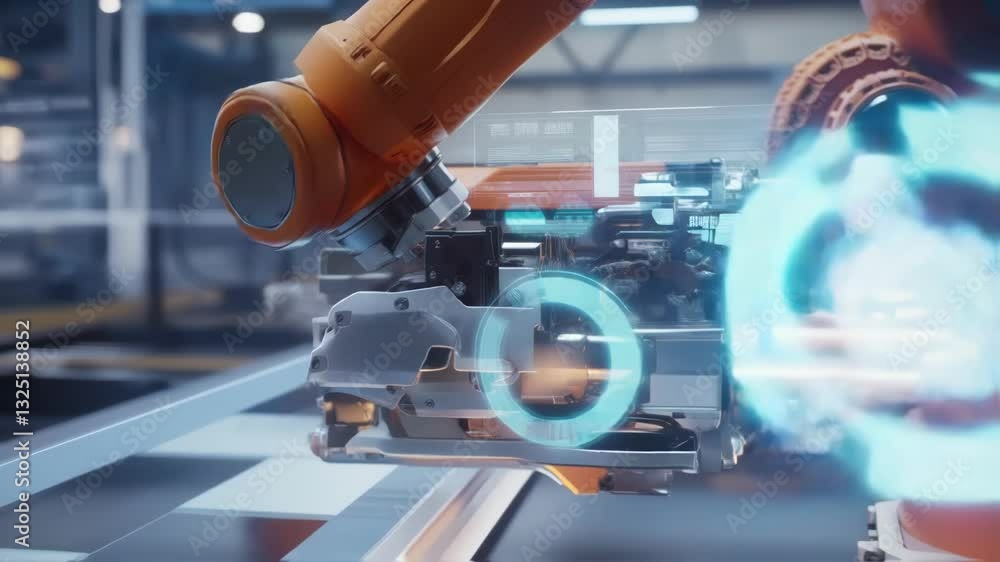 Poster robotic arm assembling engine components in a factory, featuring a futuristic heads up display - hud