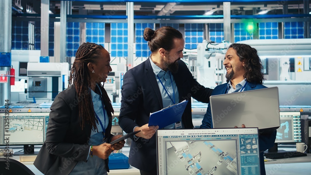 Poster jolly engineers in photovoltaics factory doing high five after managing to diagnose malfunctioning s