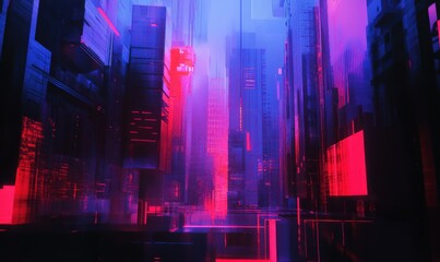 Obraz premium Futuristic cityscape with neon lights, blue and pink hues.