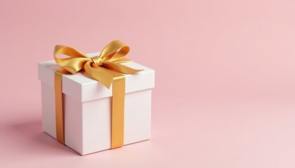 Obraz premium Elegant white gift box with golden ribbon bow, isolated , event, commercial