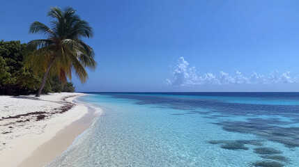 Serene tropical beach with clear blue water and palm trees under a bright sky.