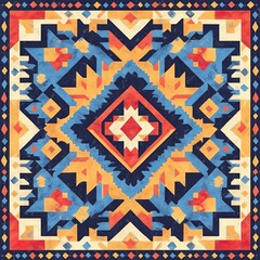 Professional Seamless Blue Red Orange Geometric Ethnic Square Pattern for Design Projects