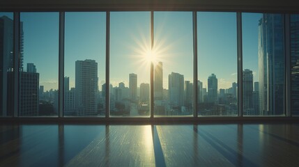 City skyline glowing through large windows as sun sets