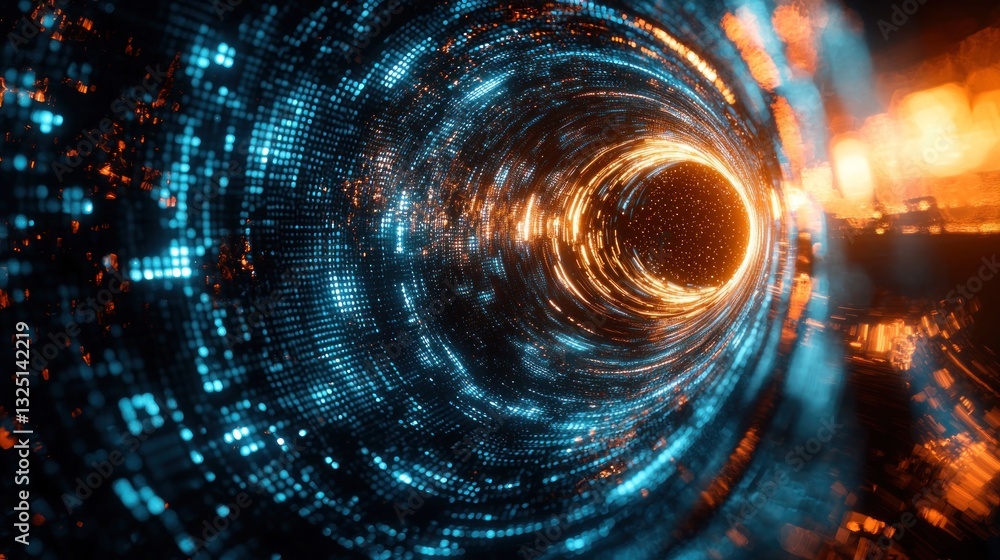 Poster futuristic digital tunnel abstract with light effects and particles