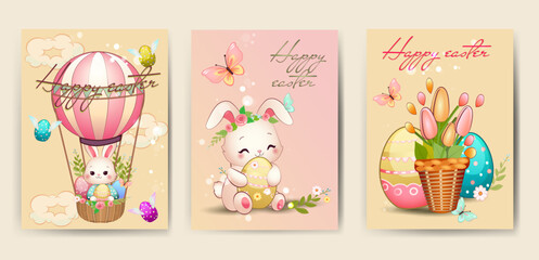 Cute Happy Easter greeting cards . Easter eggs and flowers on pastel backgrounds

