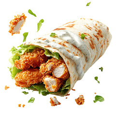 Crispy Fried Chicken Wrap with Ranch Dressing and Lettuce Isolated on Transparent Background