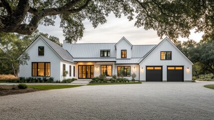 A modern farmhouse in crisp white, with a sleek gable roof and black-framed windows, sits prominently in the middle of a well-maintained front yard