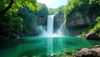 Fototapeta premium Emerald green lake with stunning waterfall Majestic view, idyllic, serene, waterfall