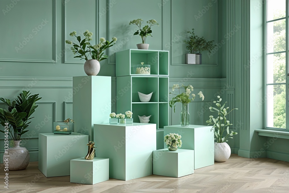Poster stylish mint display with cube platform for elegant presentation and selection