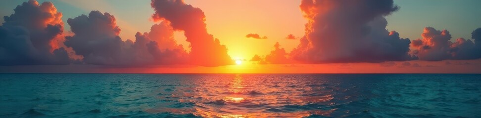 Obraz premium Fiery Caribbean sunset paints sky, calm turquoise sea reflects glow , reflection, exotic