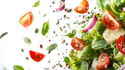 Board with tasty salad and falling ingredients