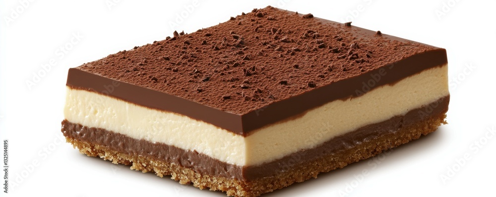 Poster a slice of chocolate custard dessert with a graham cracker crust, topped with a layer of chocolate g