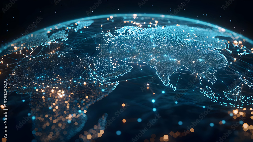 Poster digital world map glowing blue network connections across earth globe in dark outer space from techn