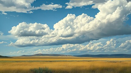 Beautiful expansive landscape with blue sky and fluffy white clouds