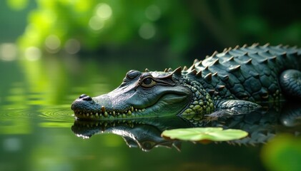 Obraz premium Giant alligator rests, tranquil swamp, vibrant greens , Alligator, outdoor