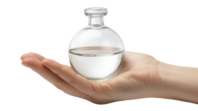Hand holding a round glass bottle with transparent background