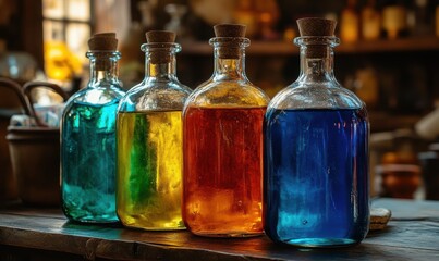 Colorful bottles of liquid arranged on a wooden table.