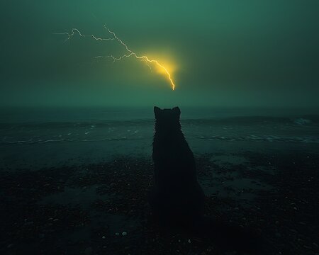 A black canine sits facing striking lightning over a coastline