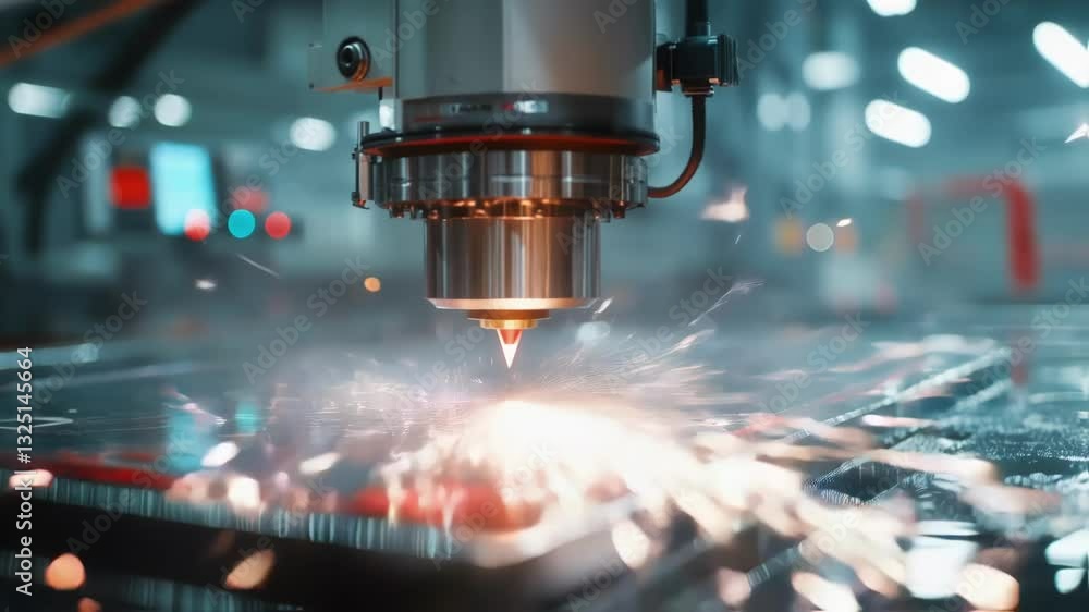 Poster automated laser cutting machine precisely processing metal sheet, generating sparks and demonstratin
