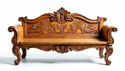 Elegant ornate wooden bench, white background, isolated, interior, image