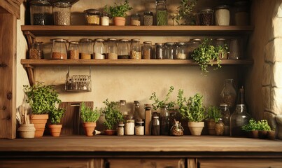 Cozy kitchen with herbs, spices, and rustic wooden shelves.