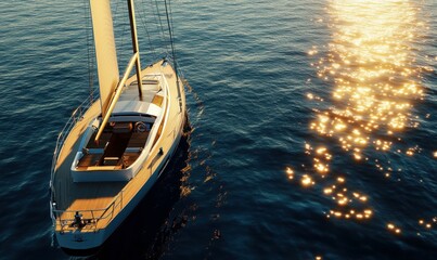 Luxury yacht sailing on a calm azure sea, golden sunlight glinting on the water, ultimate leisure and freedom,