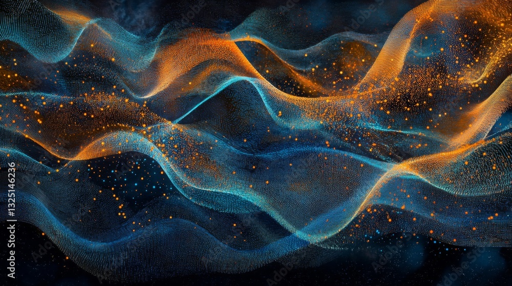 Poster abstract blue orange particle waves flowing dynamic background