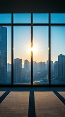 Fototapeta premium Bright sunlit skyline through large office windows view