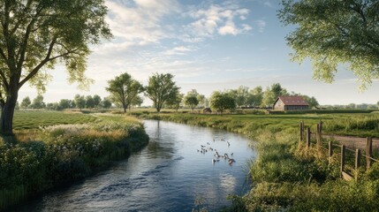 Peaceful rural landscape with river, waterfowl, fields, and charming farmhouse in the distance