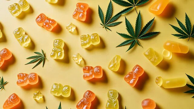 Colorful gummy bears and hemp leaves on yellow background creating vibrant pattern